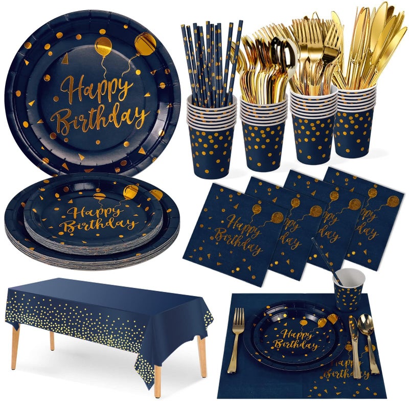 Nkaiso Birthday Party Tableware 161 Pieces Navy Blue Gold Party Supplies Party Dinnerware Sets Include Paper Plates Napkins Cups Silverware for Shower Engagement Parties Decoration 20 Serves